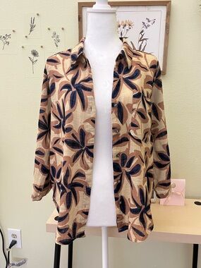 Alex & Parker Tan & Navy Tropical Palm Leaf Button Down Shirt Petite XL